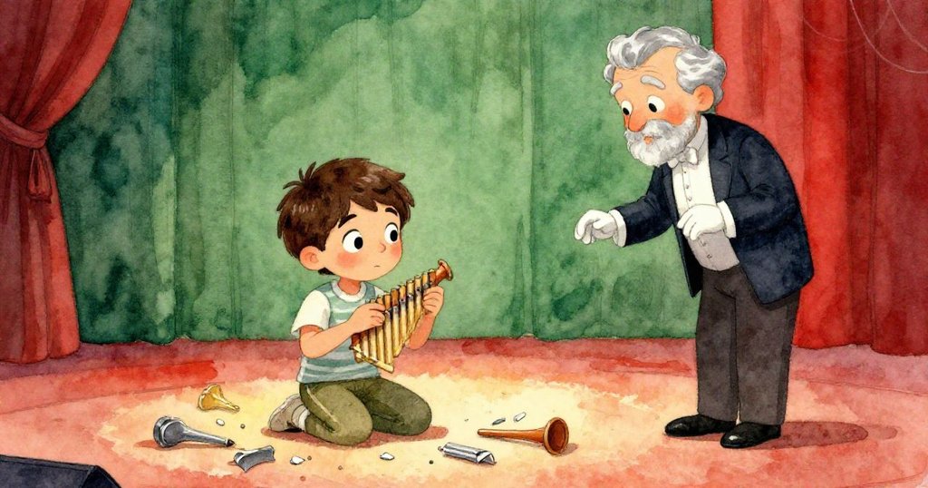 馬可細心排列樂器碎片變奏樂器, 與銀髮指揮眼神交流傳達鼓勵, 現場充滿創新與希望氣氛。