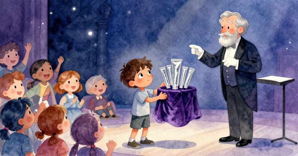 馬可展示創新樂器, 舞台上五管閃亮立於天鵝絨布上, 觀眾與指揮讚許鼓掌, 全場氛圍慶祝且溫馨。