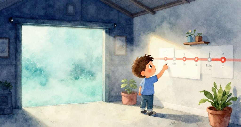 Sam在柔和晨光中於車庫查看牆上時間表，表情焦急，晨霧中塵埃如星火般閃爍，展現早晨奮鬥。