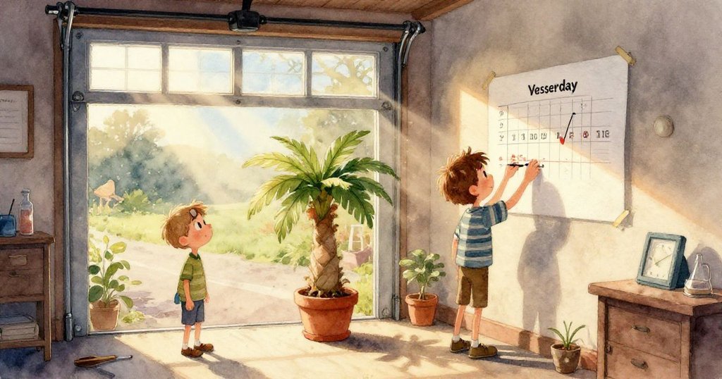 Sam專注地操作掌上蒸汽機，回收金屬罐鍋爐細節清晰，手持工具檢查模型，背景隱約見車庫工作臺。