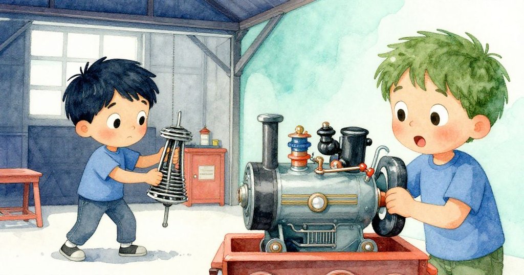 Sam在車庫中分割畫面左邊努力調整活塞，右邊露出驚喜笑容，對應機械零件啟動的奇妙瞬間。