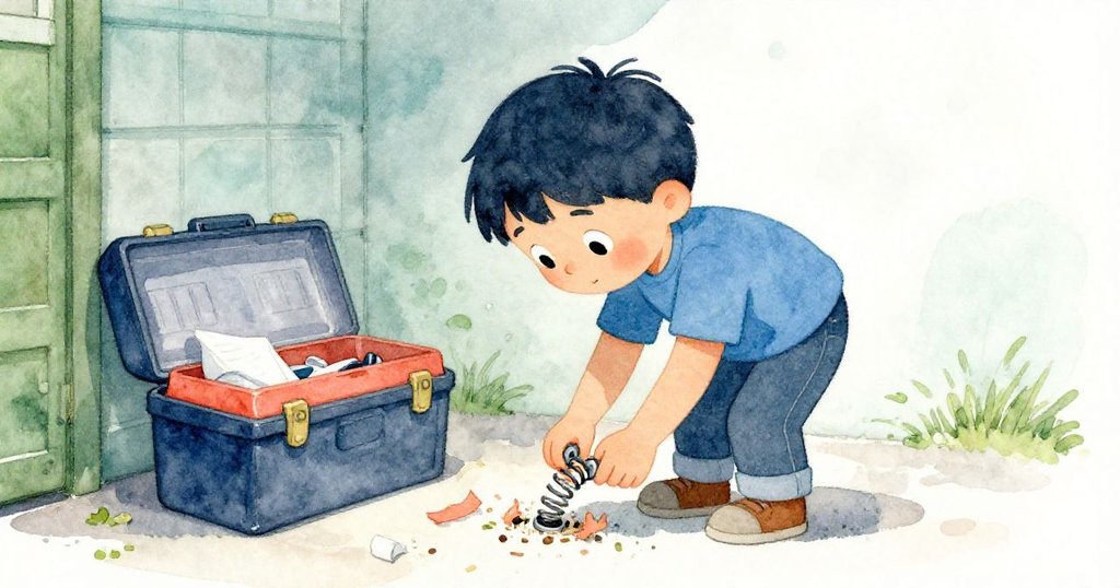 Sam彎腰在工具箱旁尋找隱藏在紙屑中的彈簧，表情專注，車庫角落充滿探索神秘感。