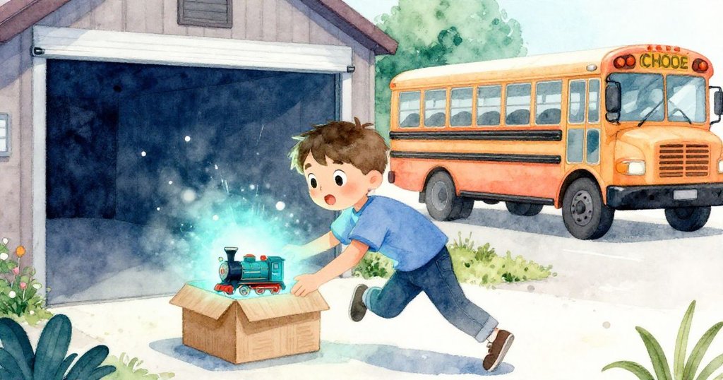 Sam急促地將發光模型放入襯墊盒中，奔向停靠在遠處的學校公車，動作緊迫，室內外光線交錯。