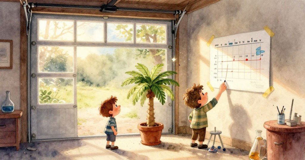 在溫暖夕陽下，公車車門緩關，Sam的身影漸遠，盒中引擎低鳴，展現一天冒險後的成就與平靜。