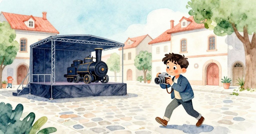 狄亞哥在歷史市政廳前的鵝卵石街上前進，手持相機充滿好奇與期待，早晨陽光映出溫暖氛圍。