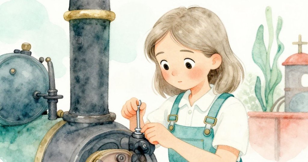 瑪拉專注地用扳手固定引擎的一顆螺絲，臉上流露著堅定與溫柔的笑意，細節豐富且充滿工藝感。