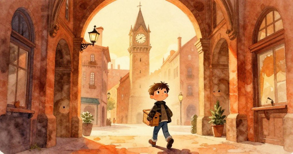 Milo在黎明中提著木箱奔向老式鐘樓，拱廊背景呈現暖色調，神情堅定充滿期待。