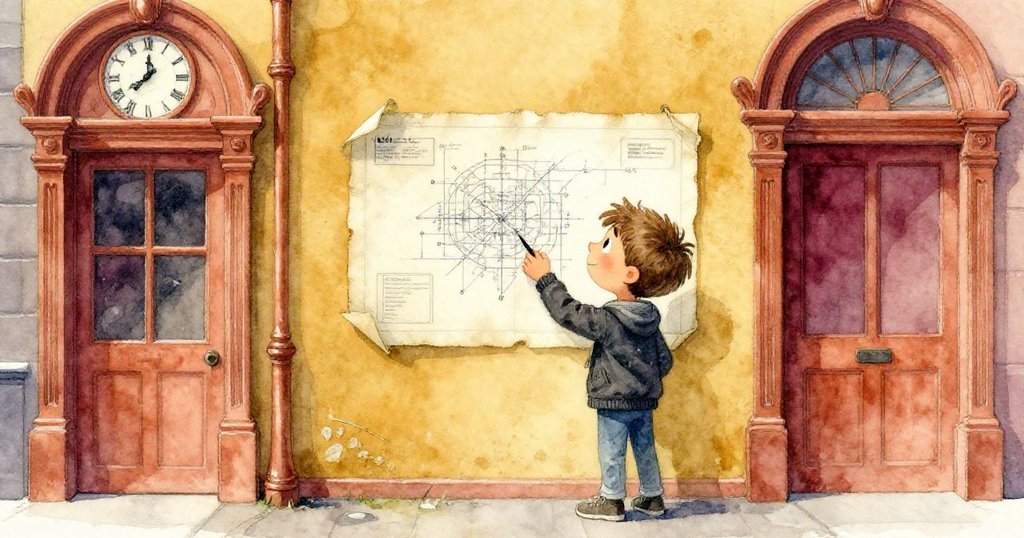 Milo在入口旁凝視斑駁藍圖，背景帶有老舊齒輪影子，神情專注透露出探索鐘樓機關奧秘。