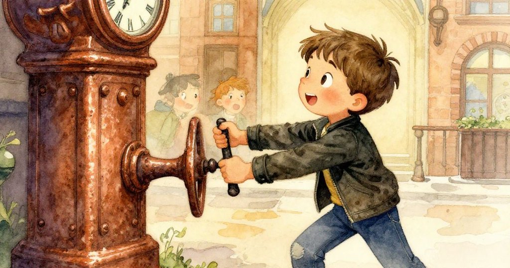 Milo近距離拉扯生鏽金屬拉桿，臉上展現專注與驚奇，背景隱約見時鐘內部機械細節。