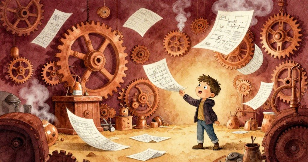 Milo穿梭於充滿蒸氣與飛散藍圖頁的工坊，空間展示不可能的幾何美感，神情急切忙碌。