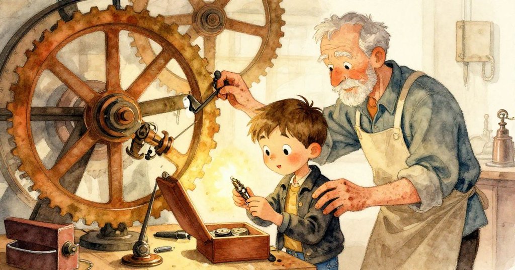 Corbin忙碌於巨型飛輪，Milo從木箱中取出閃亮火花塞，現場充滿暖色金屬光芒和期待之情。