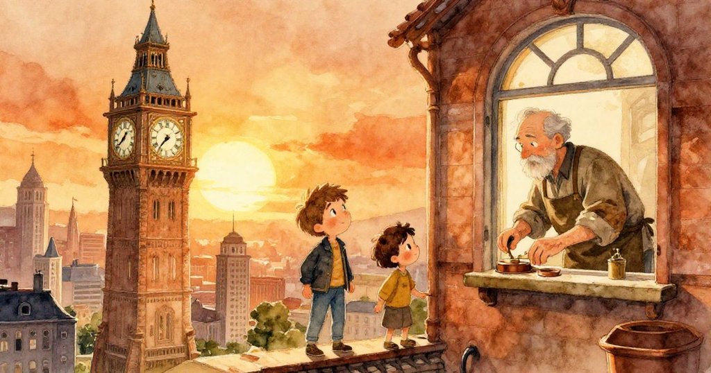 在黃昏溫暖光芒中，Corbin與Milo注視著啟動的機械模型，窗外孩子好奇靠近，鐘樓充滿溫馨與奇蹟氣息。