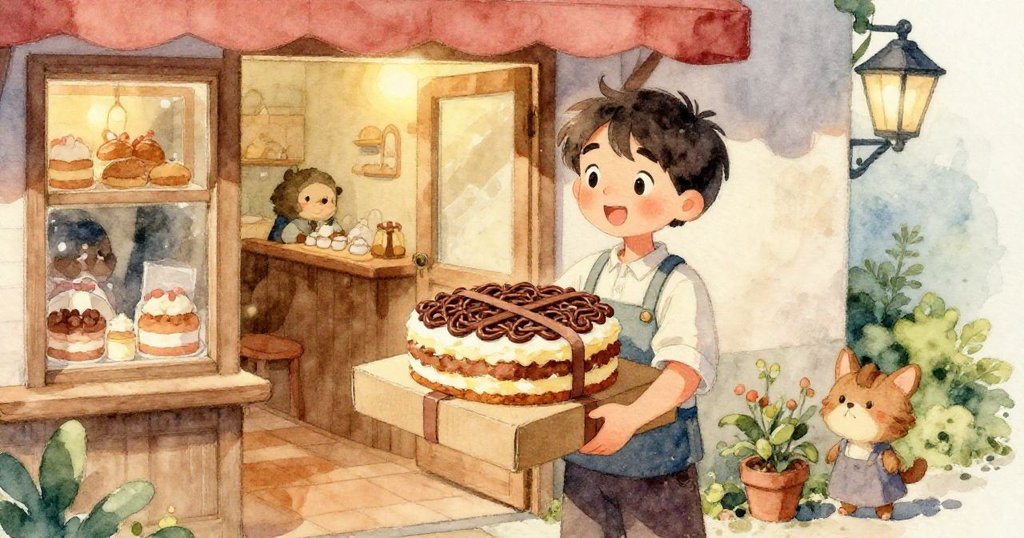 細緻展示裝飾蛋糕盒,巧克力捲繞和絲帶交叉,散落糖粉映出風起瞬間,溫柔訴說用心與歷史。