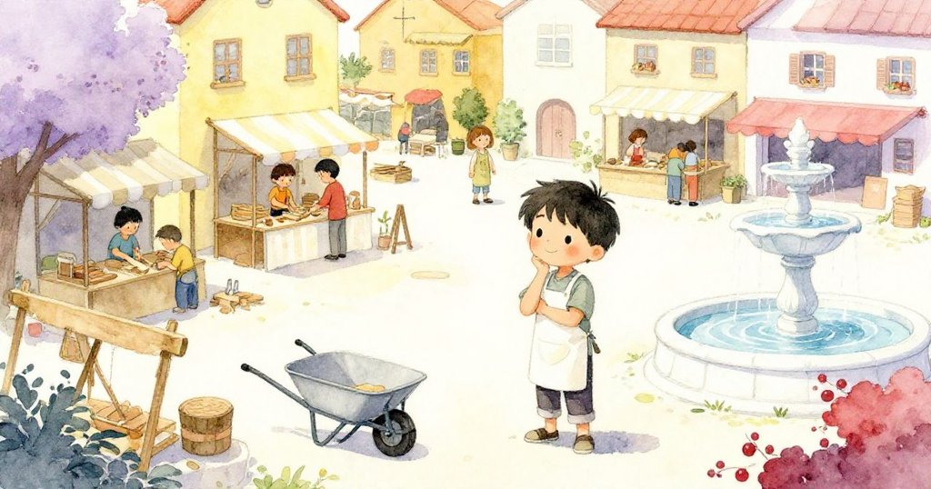 從高處俯瞰,凱站在忙碌廣場中,半成品攤位與木匠忙碌中,旁有放置妥當的手推車與噴泉,充滿變化。