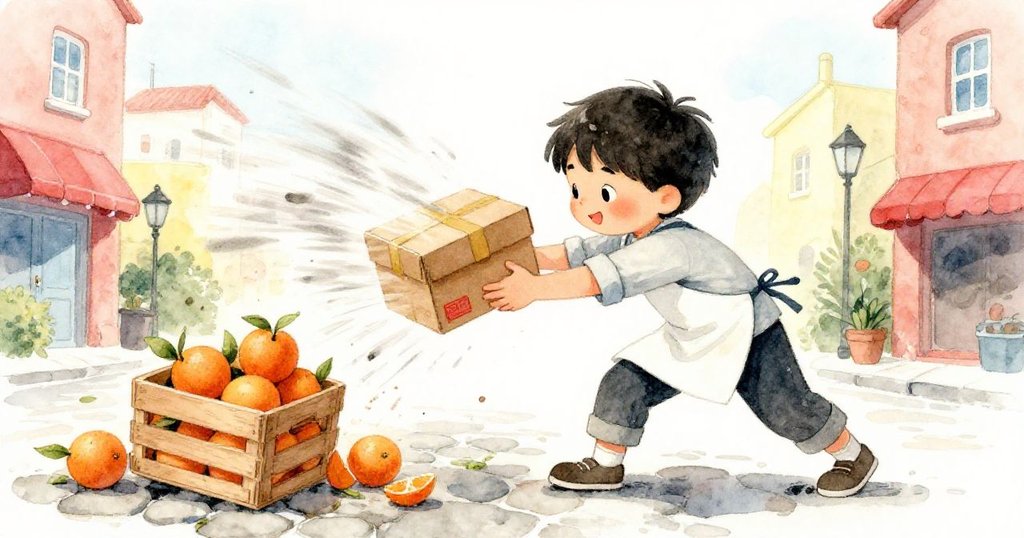 凱彎腰緊握繩子安穩蛋糕盒,迎戰突如其來的大風,旁邊橙子箱翻滾在鵝卵石路上,表情堅定充滿挑戰。