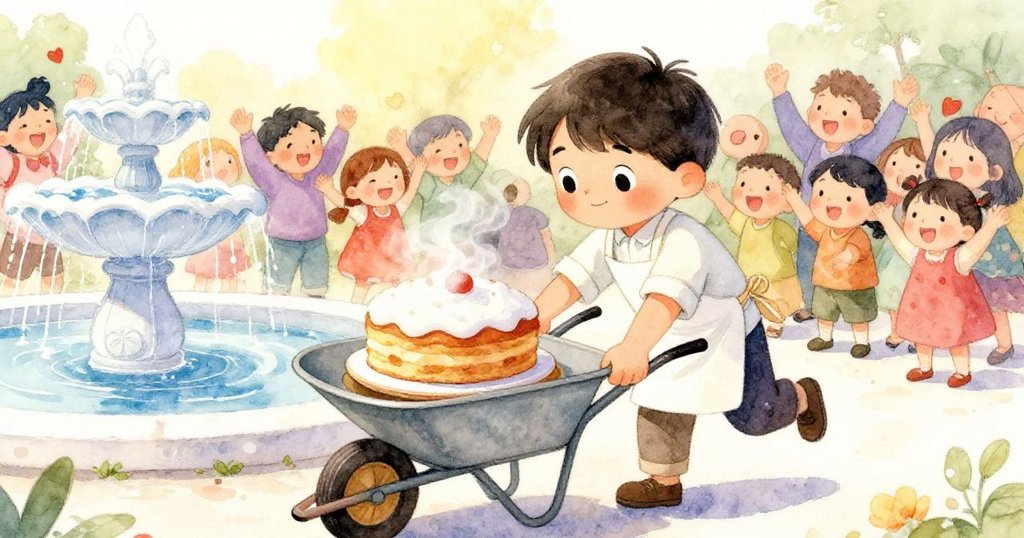 凱將蛋糕安放在整潔手推車上,揭開蓋子展示蒸氣海綿蛋糕,群眾圍觀歡笑,溫暖陽光灑滿喜悅廣場。