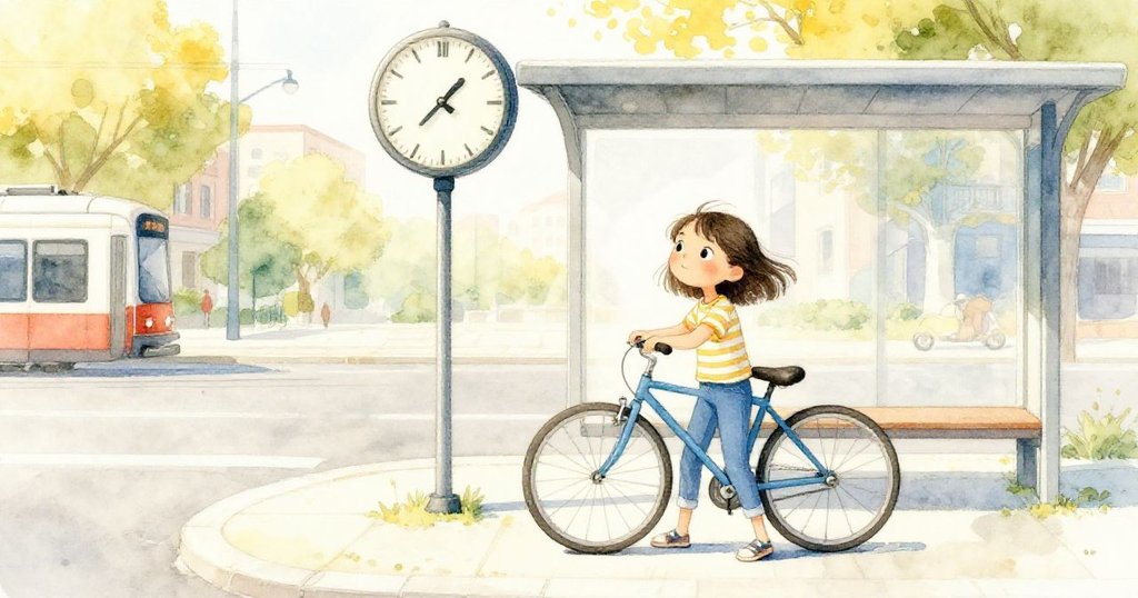 Mira 在廣場月台前平衡單車輪，等待正午時分，神情專注且充滿期待。