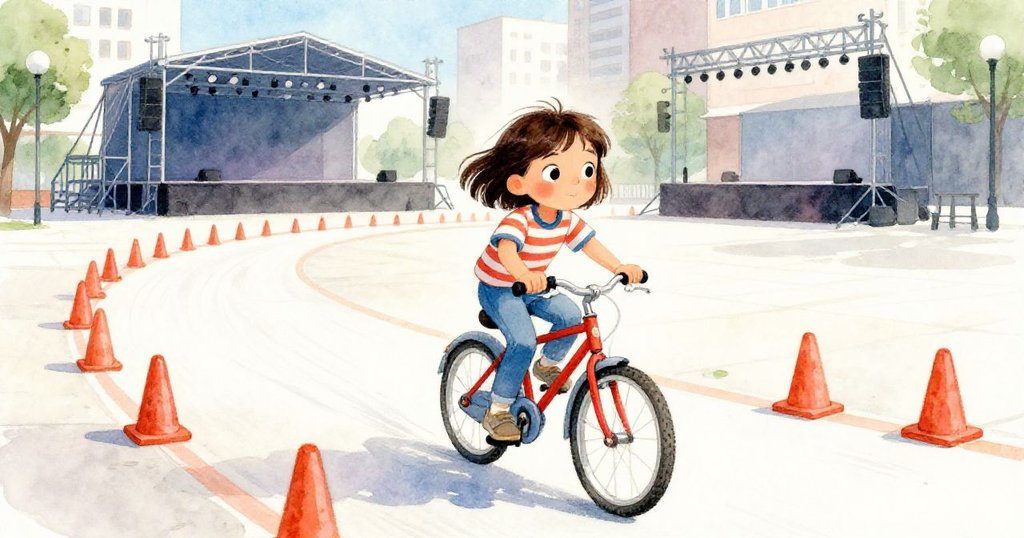 Mira 騎著單車穿越曲折腳手架小徑，避開臨時舞台，動作靈巧且充滿決心。