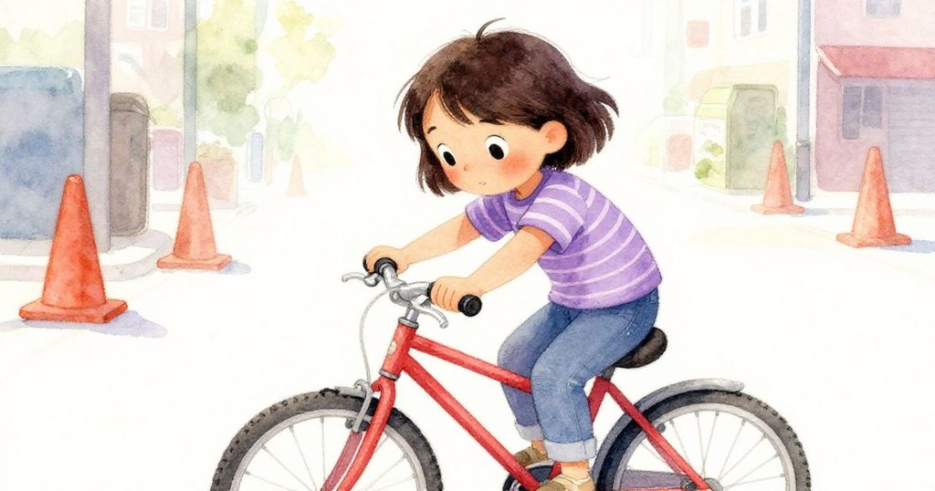 Mira 小心解開隨風飄起的繩線，單車旁橘色圓錐與多層背景突顯城市街景，神情專注。