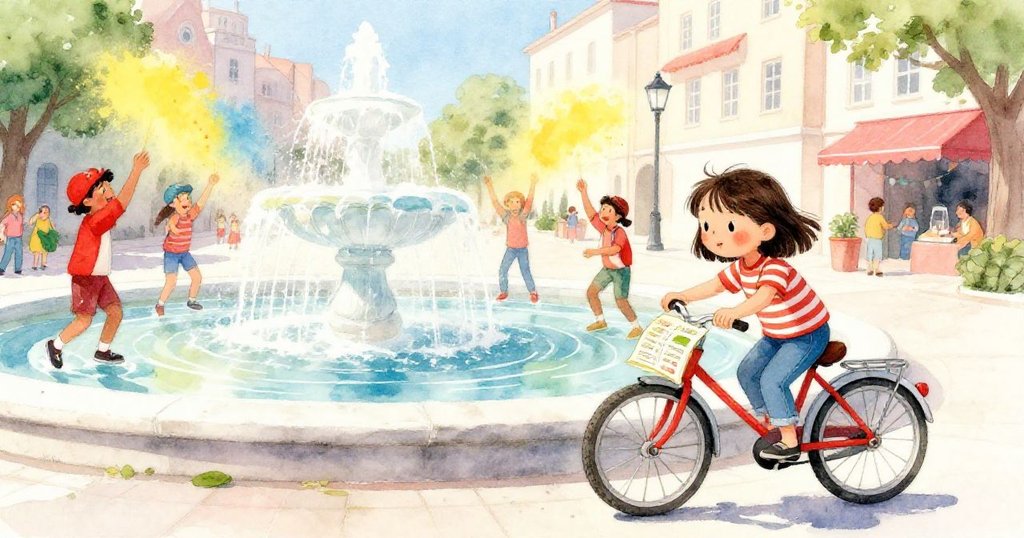 Mira 靠近噴泉時見街頭藝人拋灑彩粉，意外發現傳單卡在車輪下，場面熱鬧又充滿驚喜。