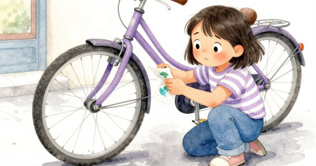 Mira 跪下解開卡住的傳單，仔細觀察橡膠上淡藍墨痕，表情由疑惑轉為欣慰，專注動作細緻。