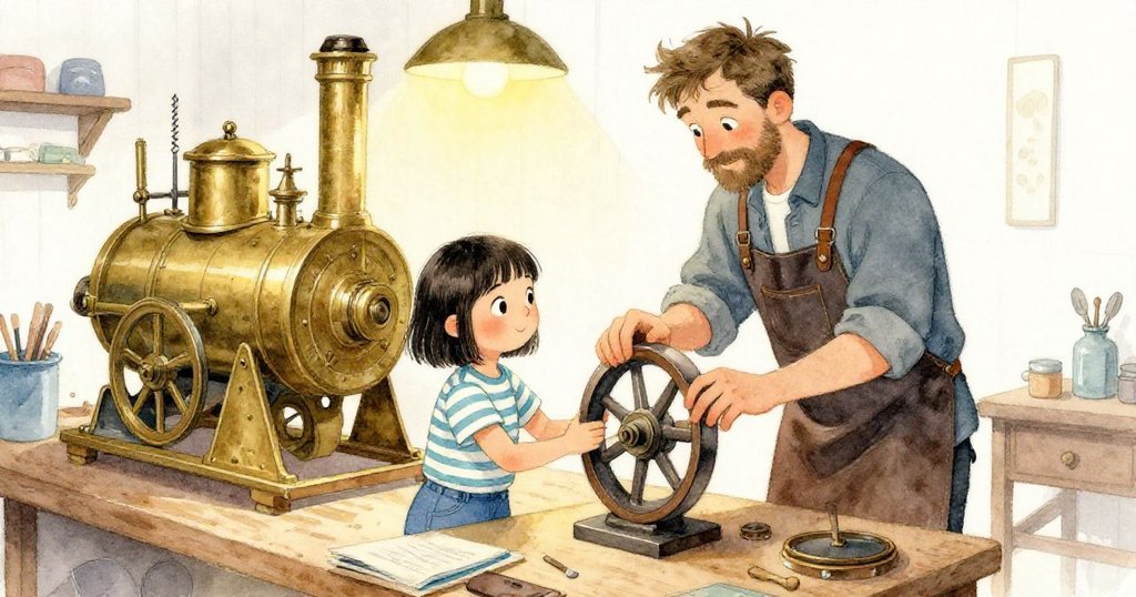 Mira 在工作室中將軸心放於滿是齒輪的工作台上，Rowan 微笑著接過，兩人協作中展現創意與溫暖。