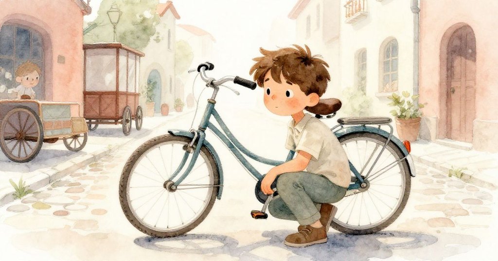 米洛在晨光中蹲在修車旁，背景有狹窄街道、麵包香和停著的手推車，他面露專注與期待的神情。