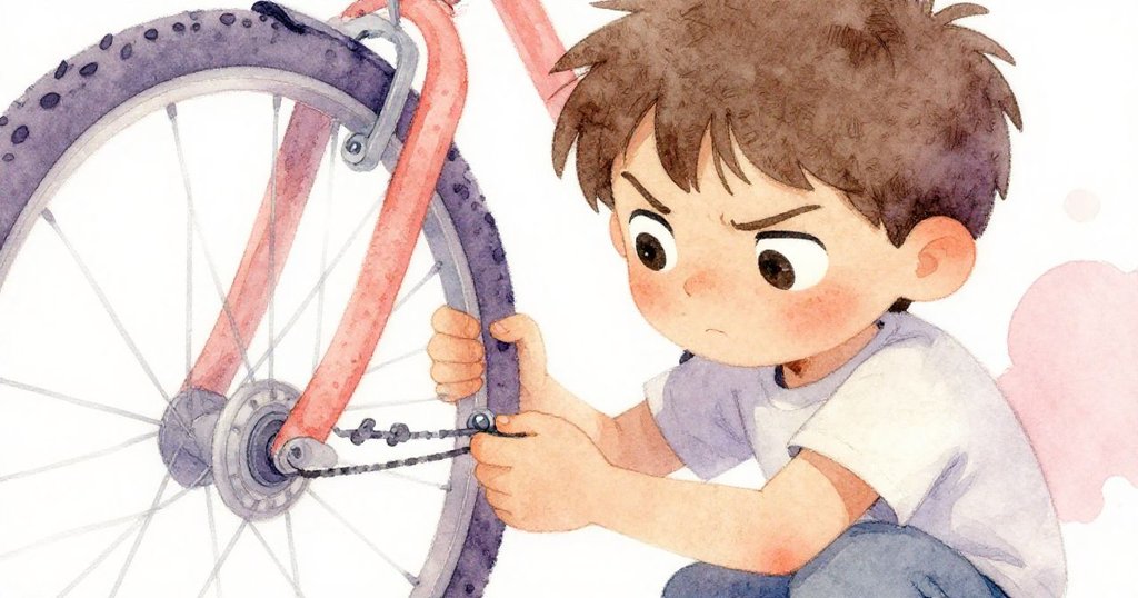 米洛特寫中專注的眼神與細緻檢查自行車零件的手，手中握著發亮的扳手，流露出堅定與專心的情緒。