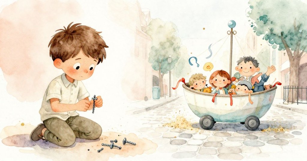 米洛手忙腳亂掉落螺絲，一旁鄰居華麗彩車飄散鋸末，畫面分割展現節慶與小插曲的融合。