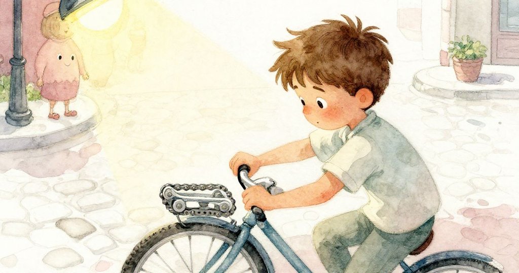 從高處俯視，米洛專注調整自行車鏈條，背景呈現石板路與微妙市集氛圍，顯露出他緊張且集中的神情。