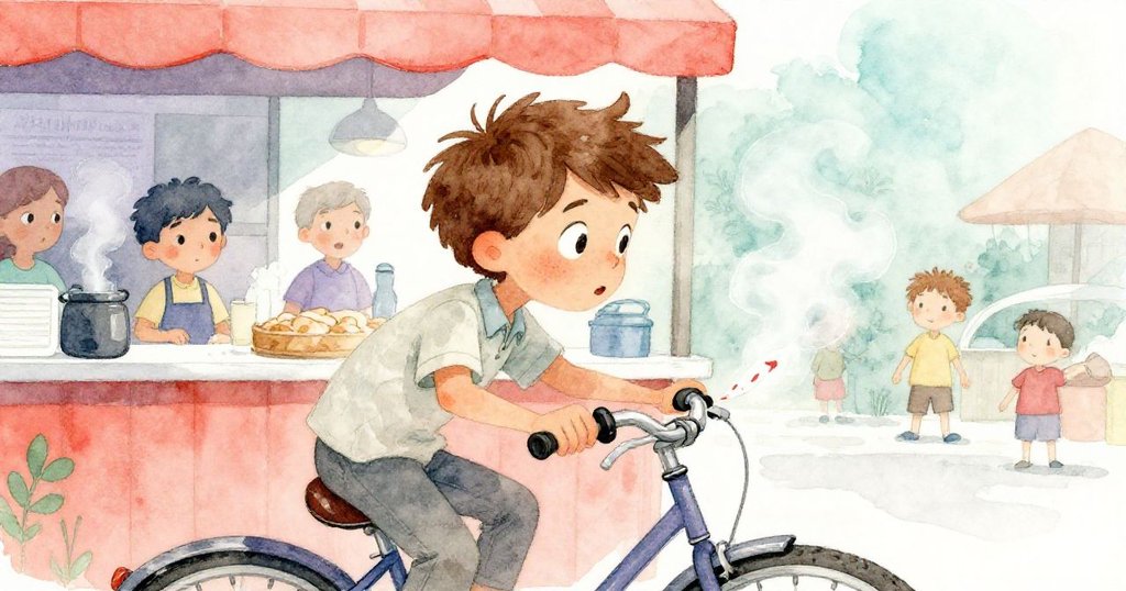 米洛在熱鬧小吃攤前驚訝地看著蒸氣濕潤彩帶，自行車煞車意外修好，現場充滿市街與溫暖氛圍。