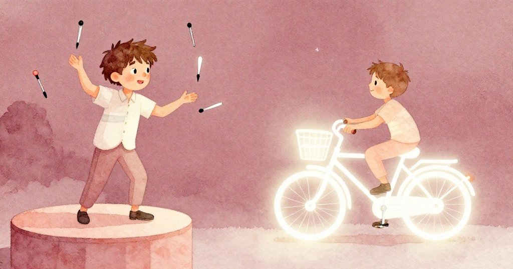 在柔和晚光下，表演者丟下雜耍球邀請米洛上臺，他安靜轉動的自行車象徵著意外好運與奇蹟，充滿節慶與希望。