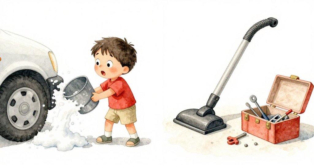 左邊班恩驚訝地望著打翻的桶子與飛散的泡沫，右邊老吸塵器滾動撞上工具箱，情節緊湊。