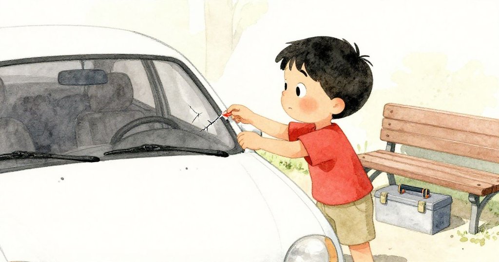 班恩從工具箱中取出膠帶修補風擋玻璃的裂縫，晨光轉中午，神情專注自信，展示故事轉折。