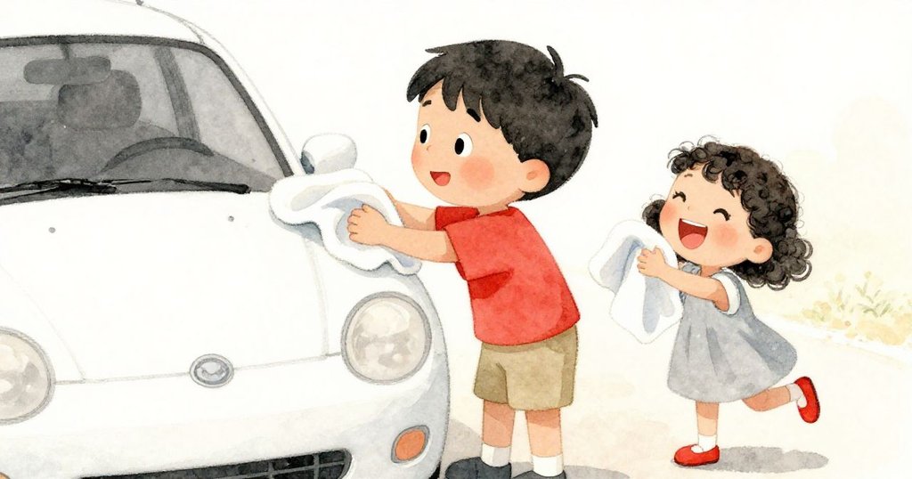 班恩和妹妹攜手用毛巾擦乾車子，臉上流露出快樂與滿足，協作場景充滿溫馨。