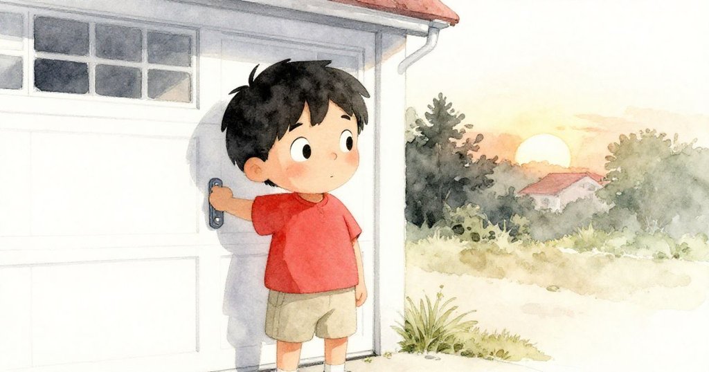 班恩堅定地走向車庫門鎖門，夕陽餘暉映照下滿足平靜，象徵故事溫馨結局。