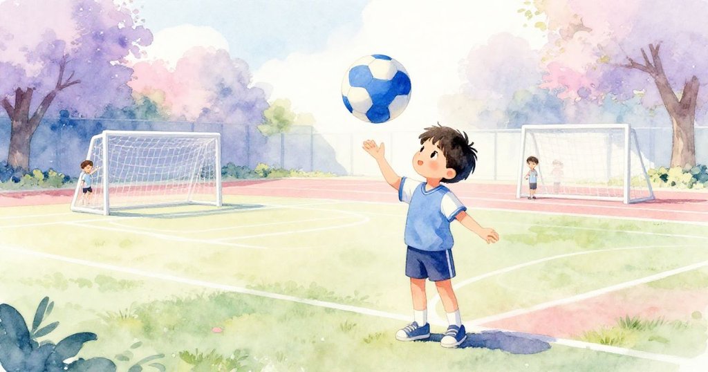 Leo在寧靜的運動場上平衡著閃亮的球，臉上流露期待與專注，背景呈現冰藍和柔粉色調，靜中有動。