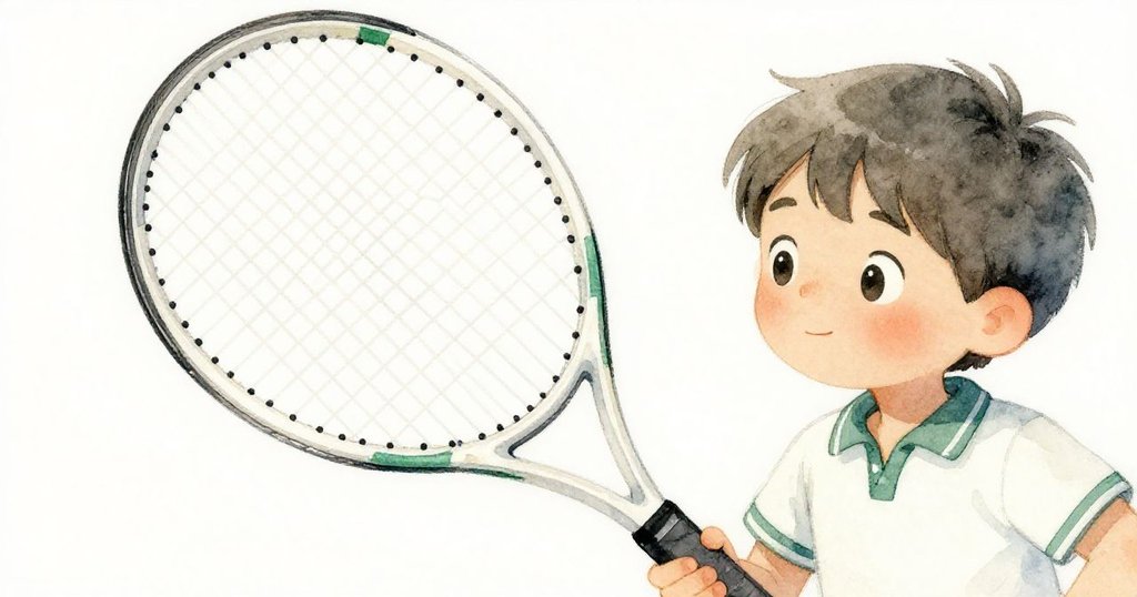 Leo聚焦檢查新到的網球拍，細節中呈現輕盈框架與結實球弦，光線柔和，顯露出專注與喜悅。