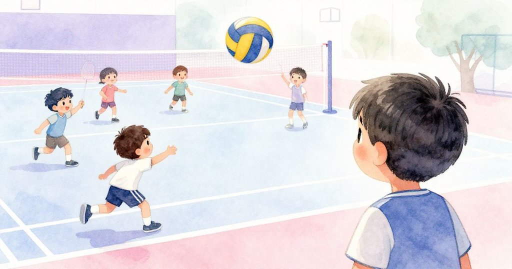 從Leo背後觀看繁忙球場，朋友們追逐排球和玩羽毛球，運動場充滿活力，氛圍熱鬧且充滿童趣。