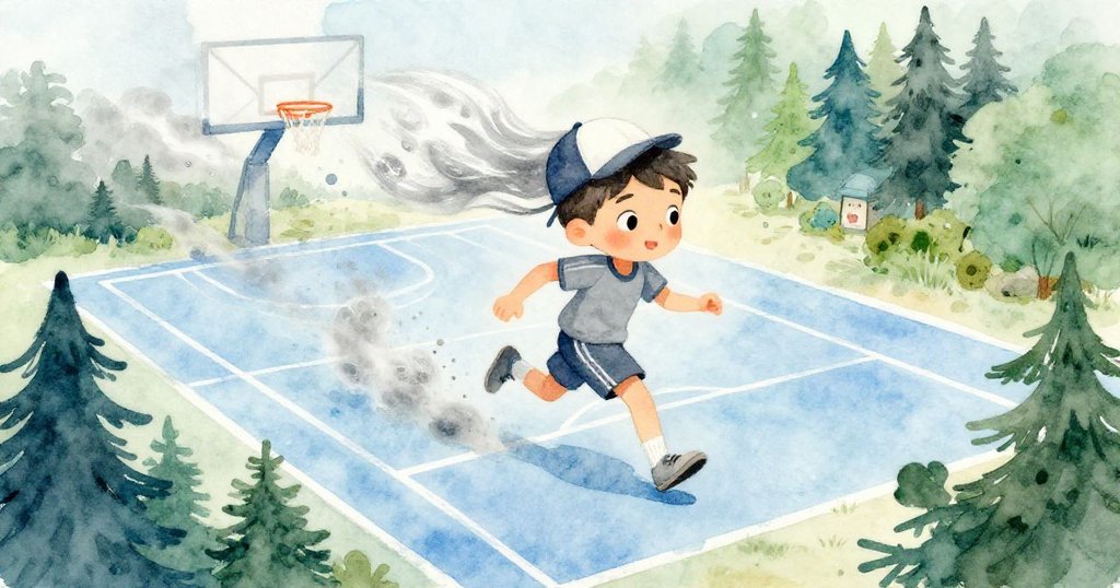 從高處俯瞰運動場，Leo正迎風前行，帽子隨風飛舞，塵土飛揚，運動場景緻顯生氣與冒險。