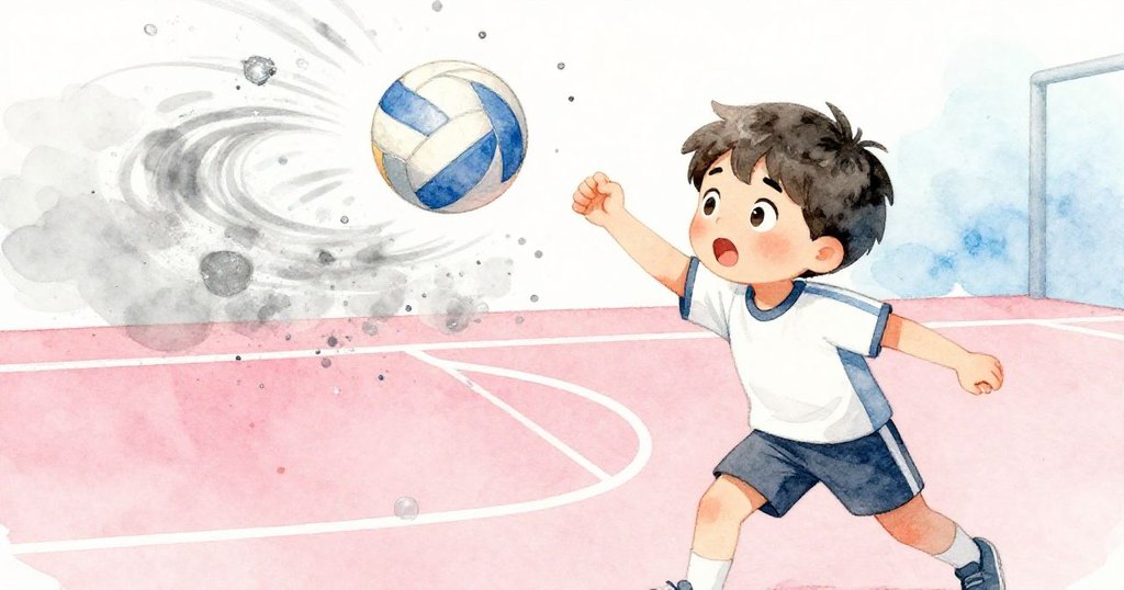 突如其來的大風使球與排球激烈碰撞，Leo驚慌卻帶笑臉，運動場瞬間充滿緊張與戲劇感。