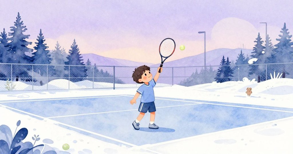 比賽後運動場恢復寧靜，Leo微笑著在牆邊輕輕發球，周圍環境柔和平和，充滿滿足感與安心。