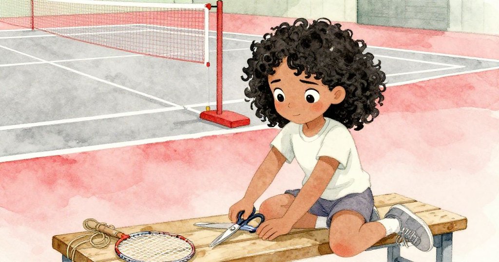 Maya正將剪刀、球拍和繩子擺放在長椅上，準備懸掛剛畫好的橫幅，神情專注，背景呈現溫暖且平靜的羽毛球場。