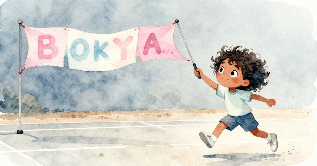 Maya追逐被微風吹動的橫幅，急速奔過塵土飛揚的場地線，臉上充滿俏皮與決心，展現出活潑動感的戶外場景。