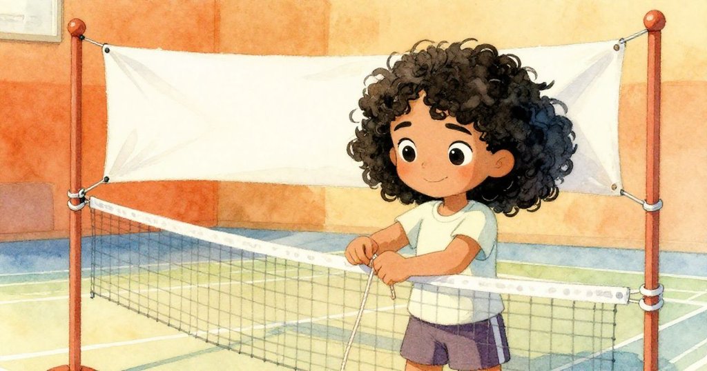 Maya專注地將繩子綁在橫幅上並拋向網柱，橫幅微垂，她周圍是低垂的球網和開闊的場地，散發著溫暖光芒。