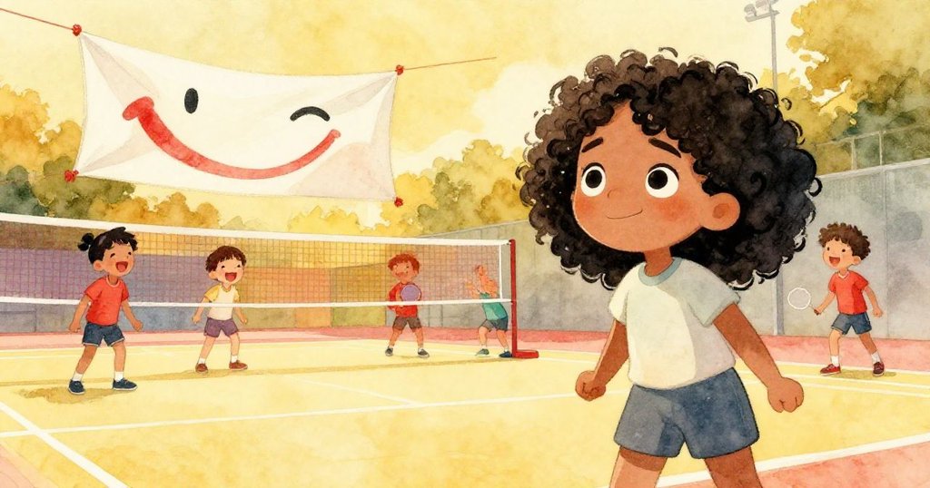 Maya滿意地後退觀察，掛好的橫幅上畫著笑臉，球員們歡笑互動，夕陽灑下金黃光影，場面和諧溫馨。