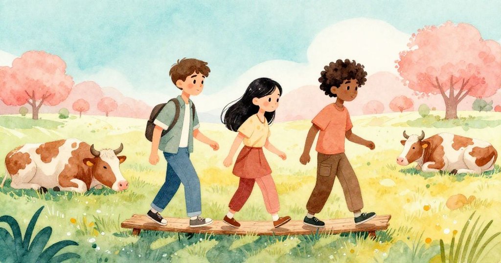 馬可、莉娜、優素福在晨光中踏上木板過露水草地，牛群靜臥，滿懷期待迎向新冒險。