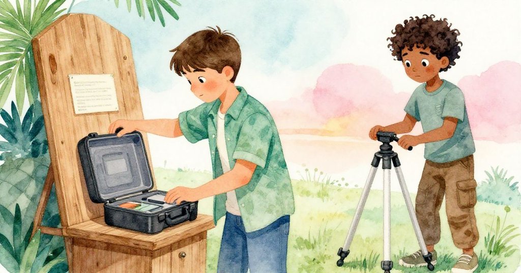 馬可輕敲舊木盒，優素福調整三腳架，古老木板與現代設備對比鮮明，神情專注。