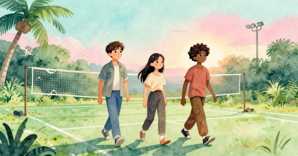 馬可、莉娜、優素福走向荒廢球場，野草叢生破網輕搖，晨光柔和溫暖，心情充滿希望。