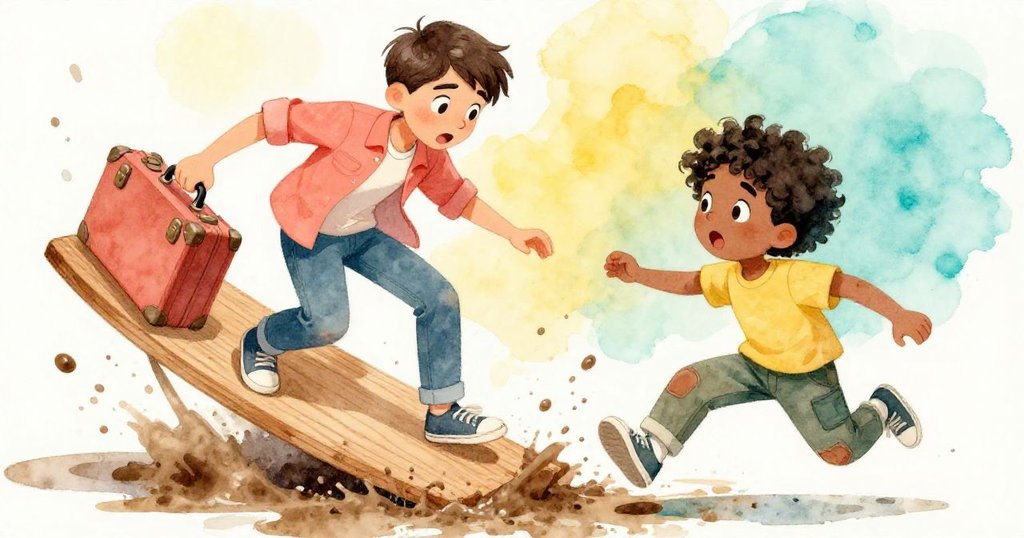 馬可踏在顫抖木板上，泥濺四散，優素福急忙相救，畫面充滿激動緊張的動作瞬間。